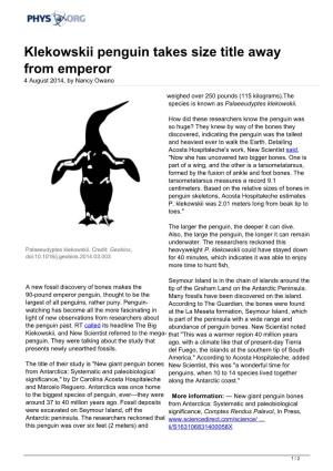 Klekowskii Penguin Takes Size Title Away from Emperor 4 August 2014, by Nancy Owano