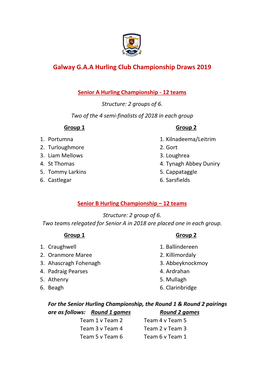 Galway G.A.A Hurling Club Championship Draws 2019