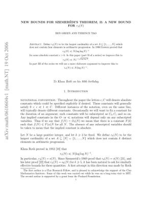 Arxiv:Math/0610604V1 [Math.NT] 19 Oct 2006 Lu Ohpoe N15 1]That [18] 1953 in Proved Roth Klaus Progression