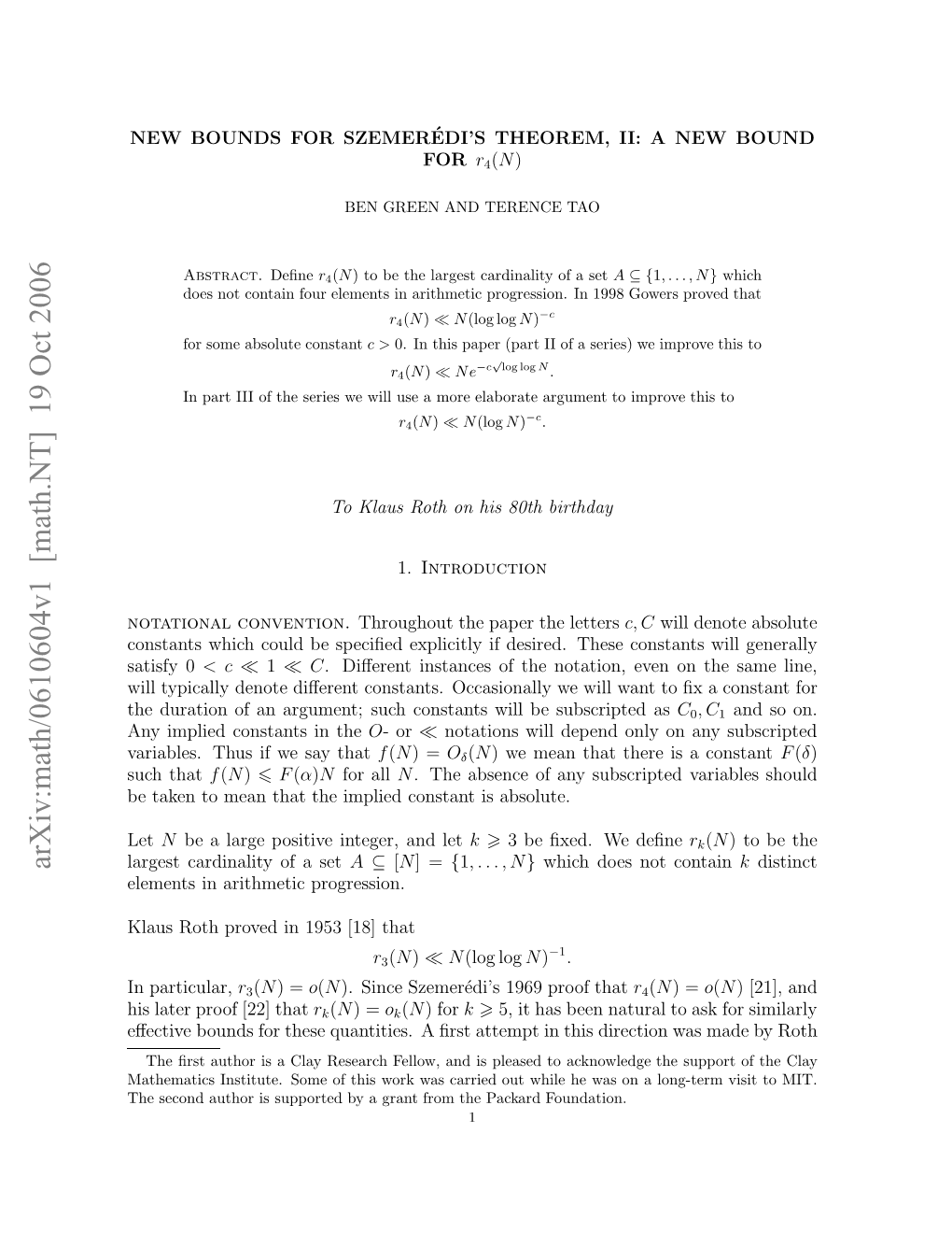 Arxiv:Math/0610604V1 [Math.NT] 19 Oct 2006 Lu Ohpoe N15 1]That [18] 1953 in Proved Roth Klaus Progression