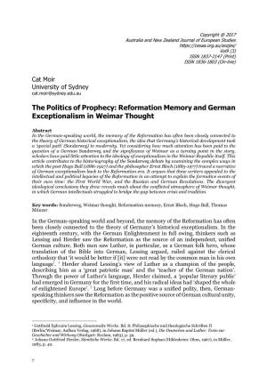 Reformation Memory and German Exceptionalism in Weimar Thought