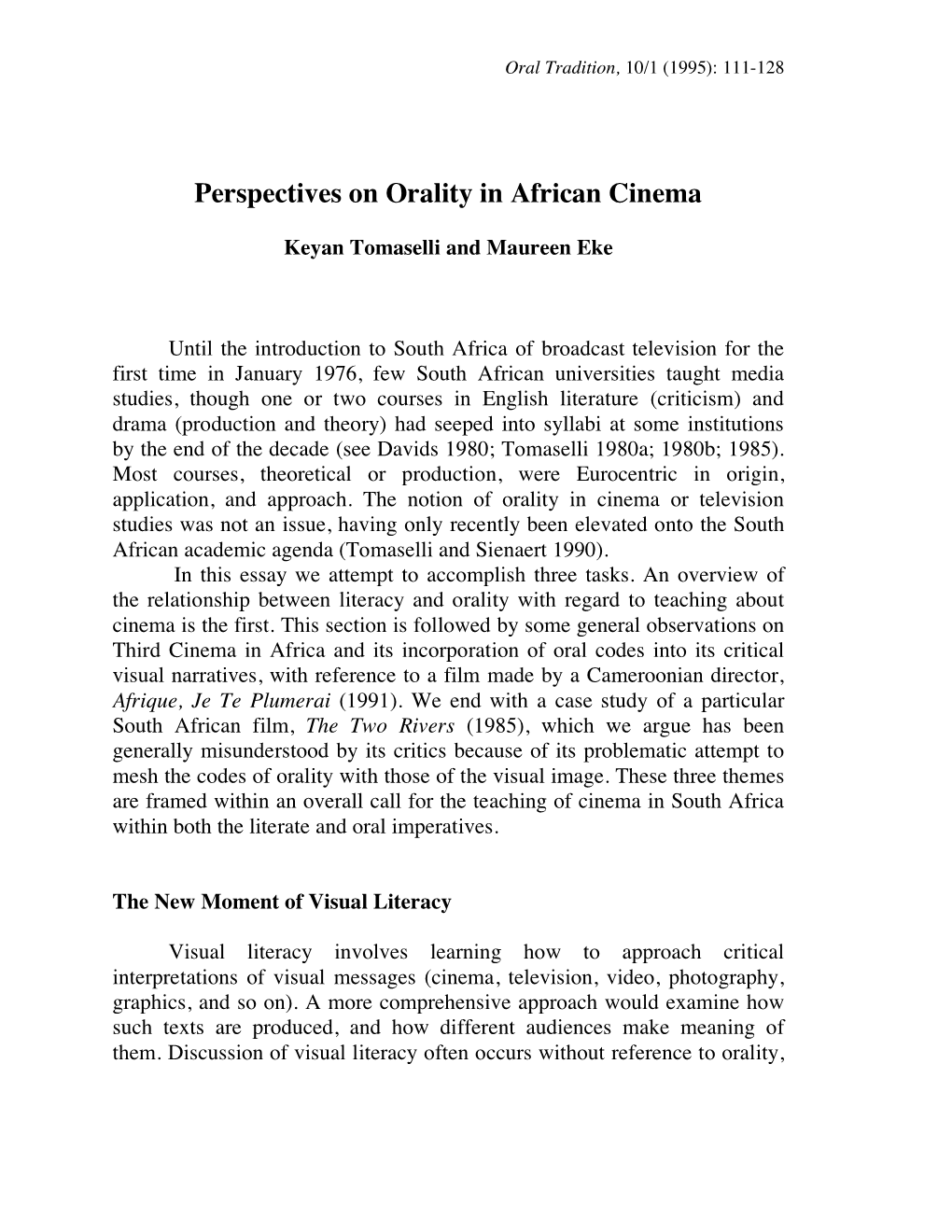 Perspectives on Orality in African Cinema