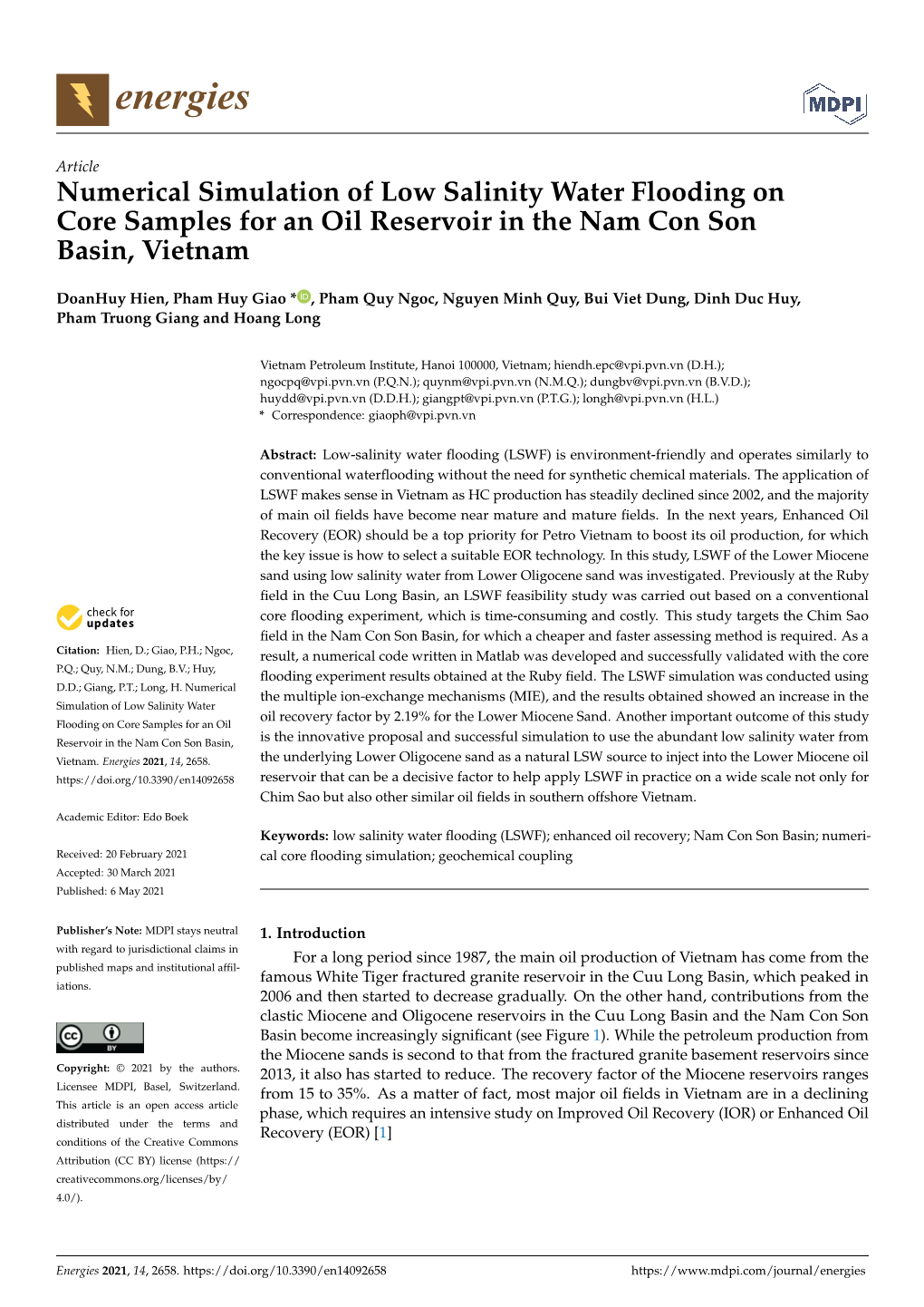 Numerical Simulation of Low Salinity Water Flooding on Core Samples for an Oil Reservoir in the Nam Con Son Basin, Vietnam