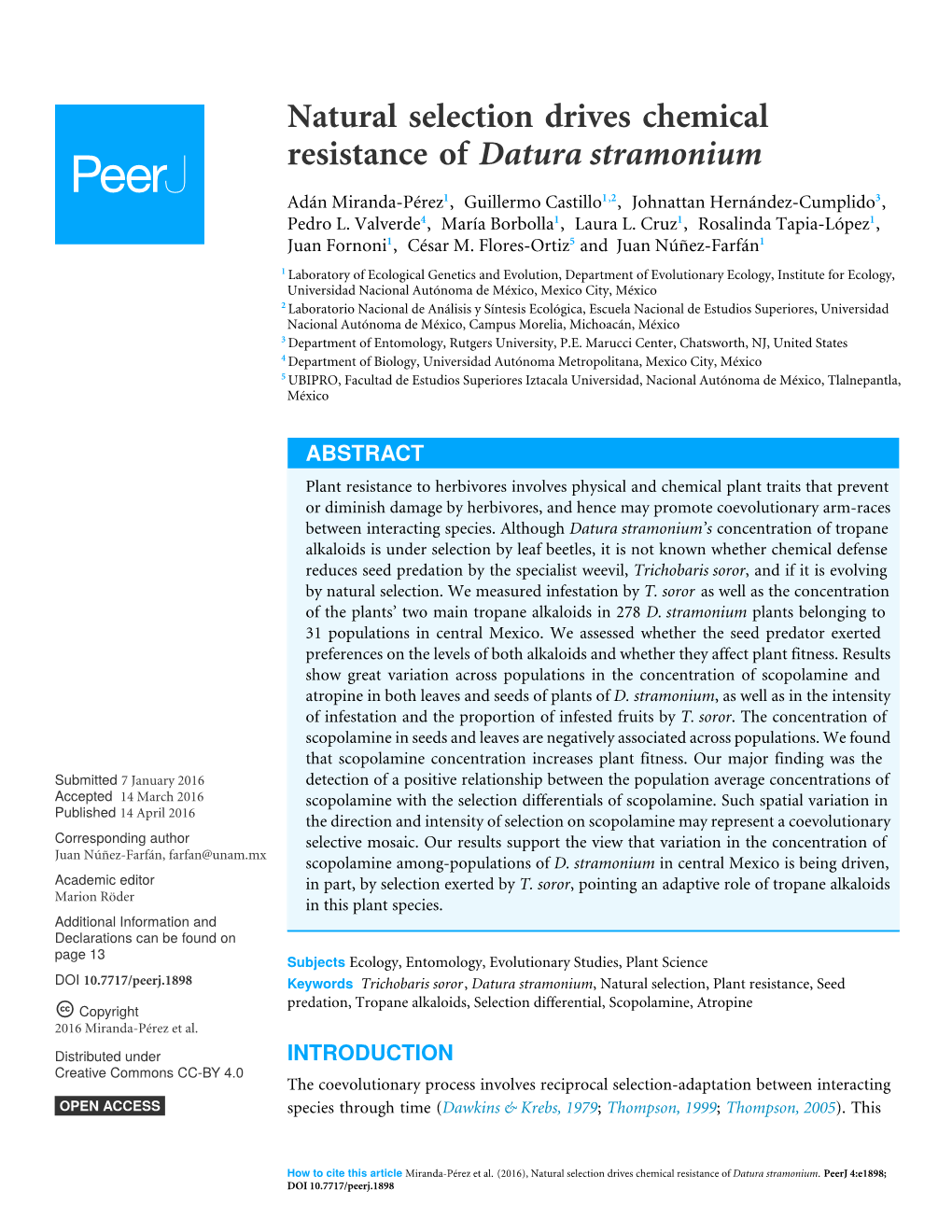 Natural Selection Drives Chemical Resistance of Datura Stramonium