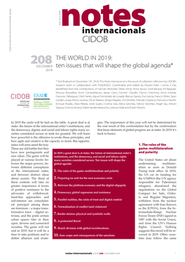 Internacionals CIDOB 208 the WORLD in 2019: DECEMBER Ten Issues That Will Shape the Global Agenda* 2018