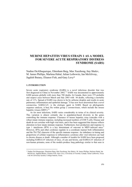 Murine Hepatitis Virus Strain 1 As a Model for Severe Acute Respiratory Distress Syndrome (Sars)