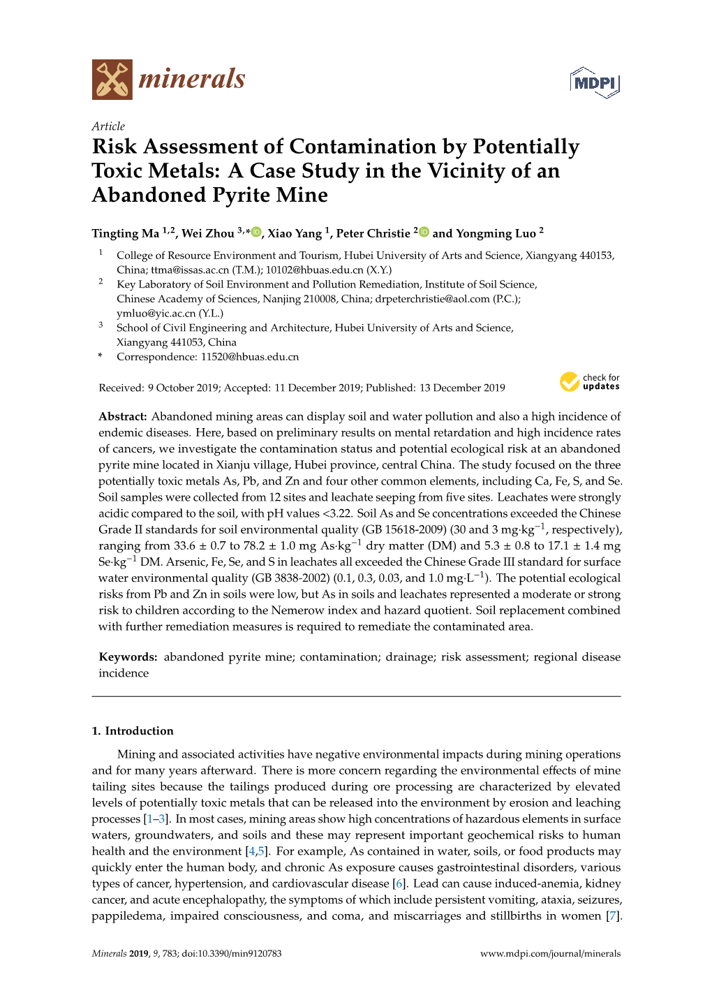 Risk Assessment of Contamination by Potentially Toxic Metals: a Case Study in the Vicinity of an Abandoned Pyrite Mine