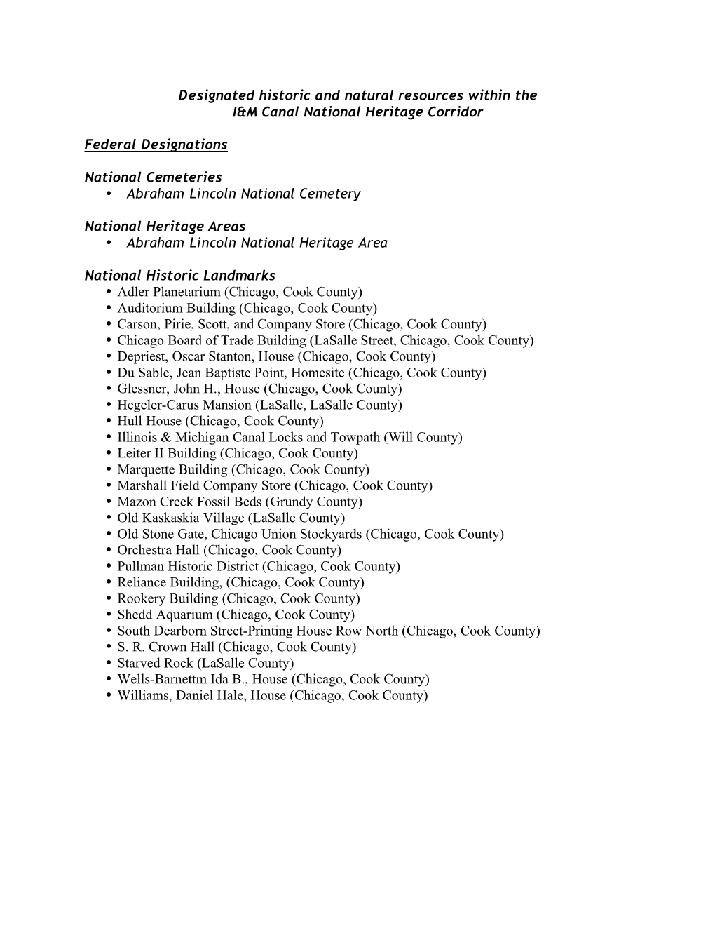 Designated Historic and Natural Resources Within the I&M Canal