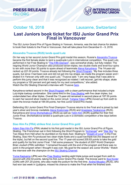 Last Juniors Book Ticket for ISU Junior Grand Prix Final in Vancouver