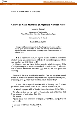 A Note on Class Numbers of Algebraic Number Fields 1. It Is Well Known