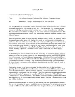 February 8, 2008 Memorandum to Huckabee Campaigners From: Ed