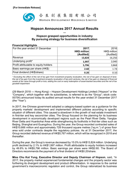 Hopson Announces 2017 Annual Results *** Hopson Grasped Opportunities in Industry by Pursuing Strategy for Business Diversification