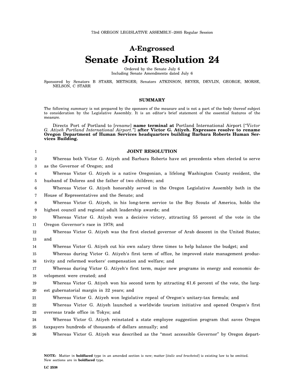 Senate Joint Resolution 24 Ordered by the Senate July 6 Including Senate Amendments Dated July 6