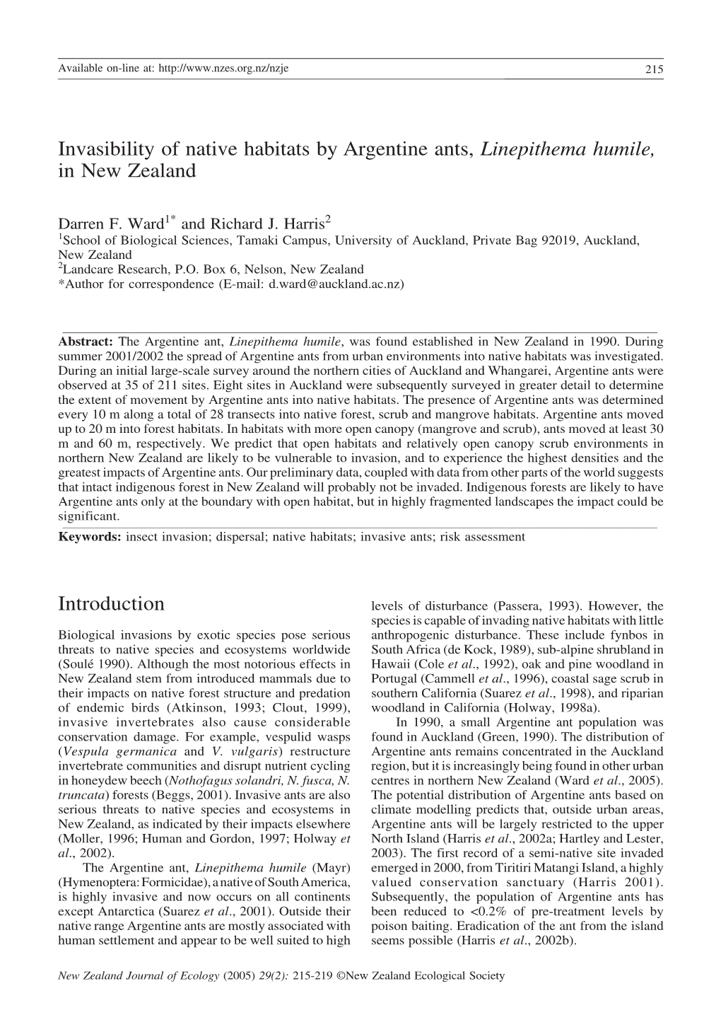 Invasibility of Native Habitats by Argentine Ants, Linepithema Humile, in New Zealand