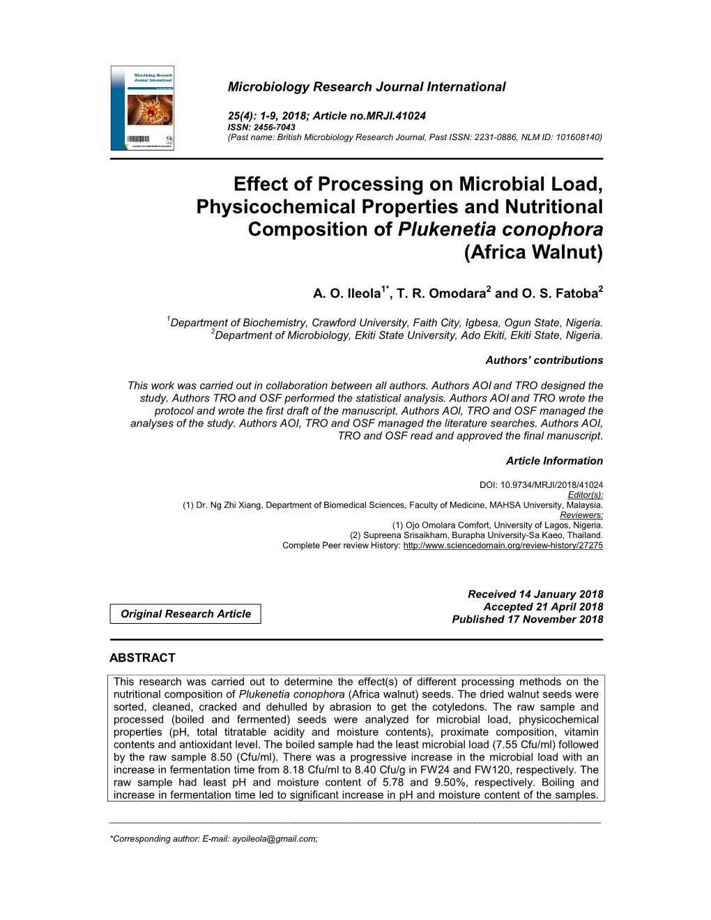 Effect of Processing on Microbial Load, Physicochemical Properties and Nutritional Composition of Plukenetia Conophora (Africa Walnut)