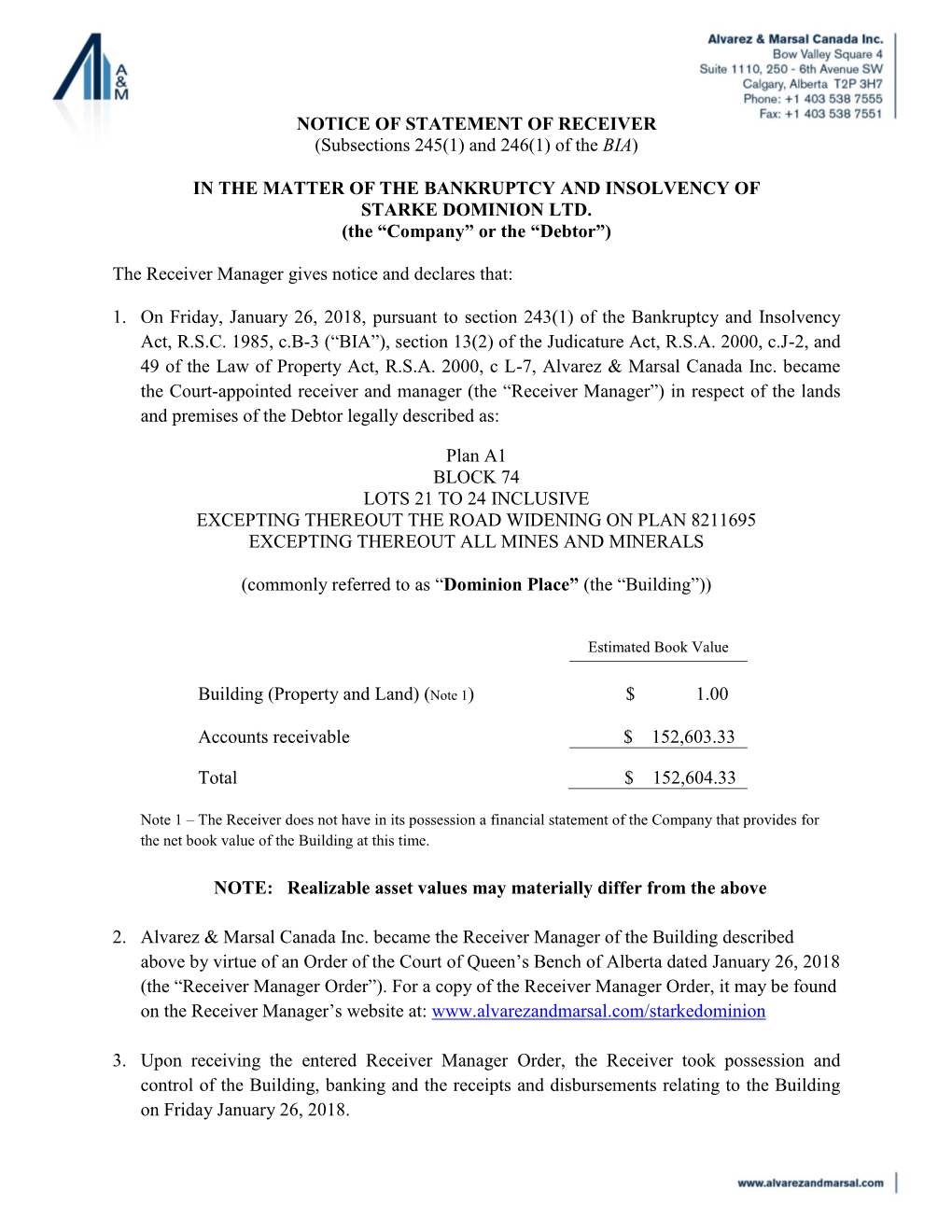 NOTICE of STATEMENT of RECEIVER (Subsections 245(1) and 246(1) of the BIA)