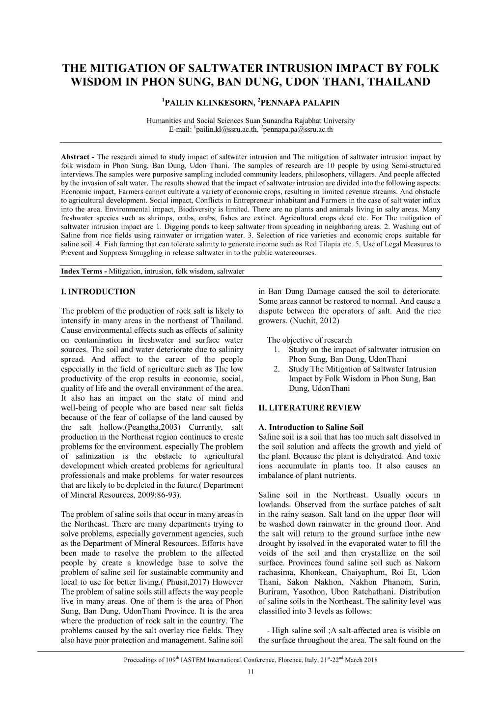 The Mitigation of Saltwater Intrusion Impact by Folk Wisdom in Phon Sung, Ban Dung, Udon Thani, Thailand