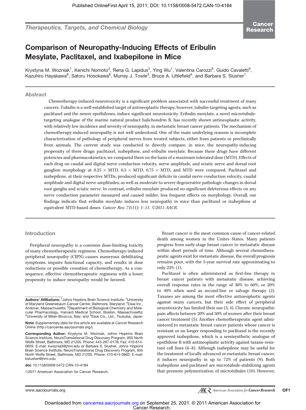 Comparison of Neuropathy-Inducing Effects of Eribulin Mesylate, Paclitaxel, and Ixabepilone in Mice