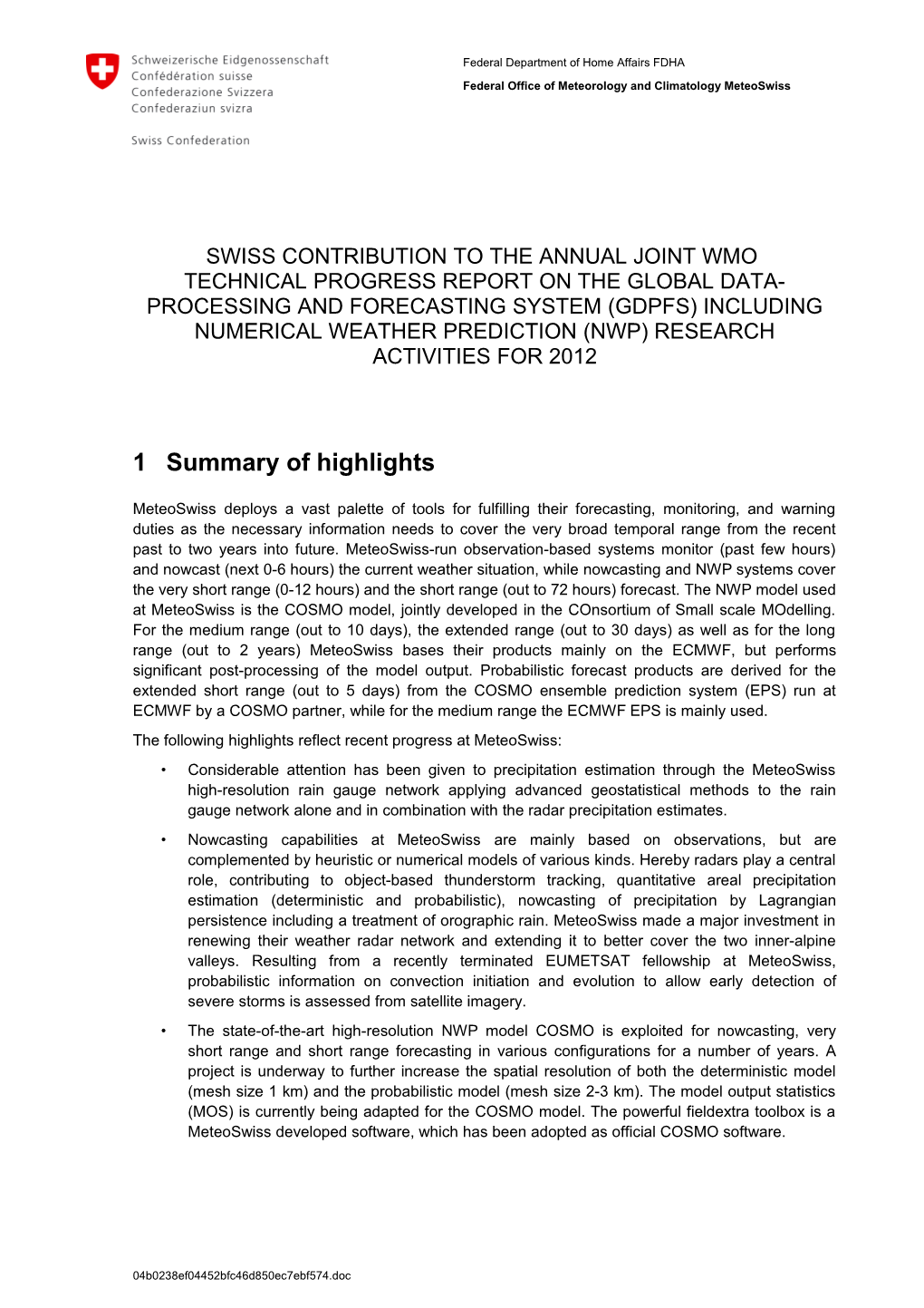 Swiss Contribution to the Annual Joint Wmo