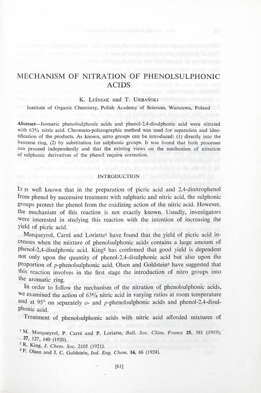 Mechanism of Nitration of Phenolsulphon1c Acids