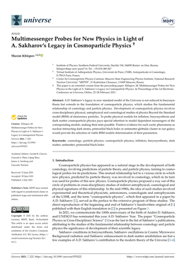 Multimessenger Probes for New Physics in Light of A. Sakharov's Legacy in Cosmoparticle Physics