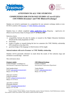 COMPETITION for EXCHANGE STUDIES at Non-EU/EEA COUNTRIES (Erasmus+ and VMU Bilateral Exchange)1