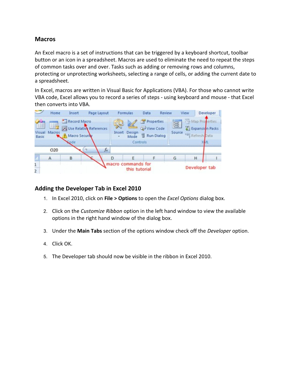 Adding the Developer Tab in Excel 2010