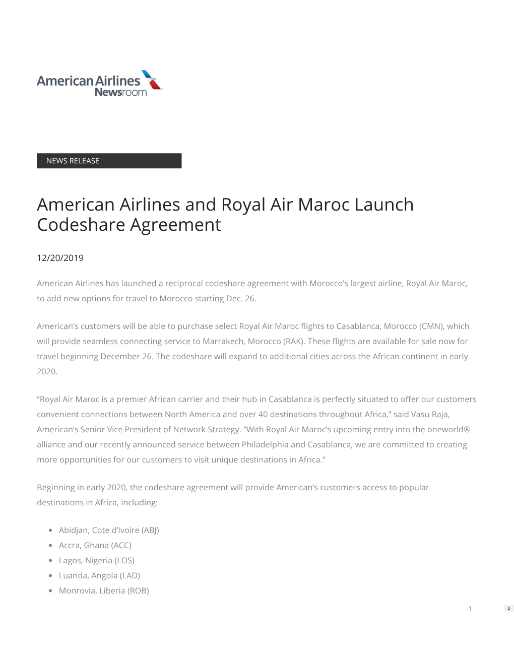 American Airlines and Royal Air Maroc Launch Codeshare Agreement