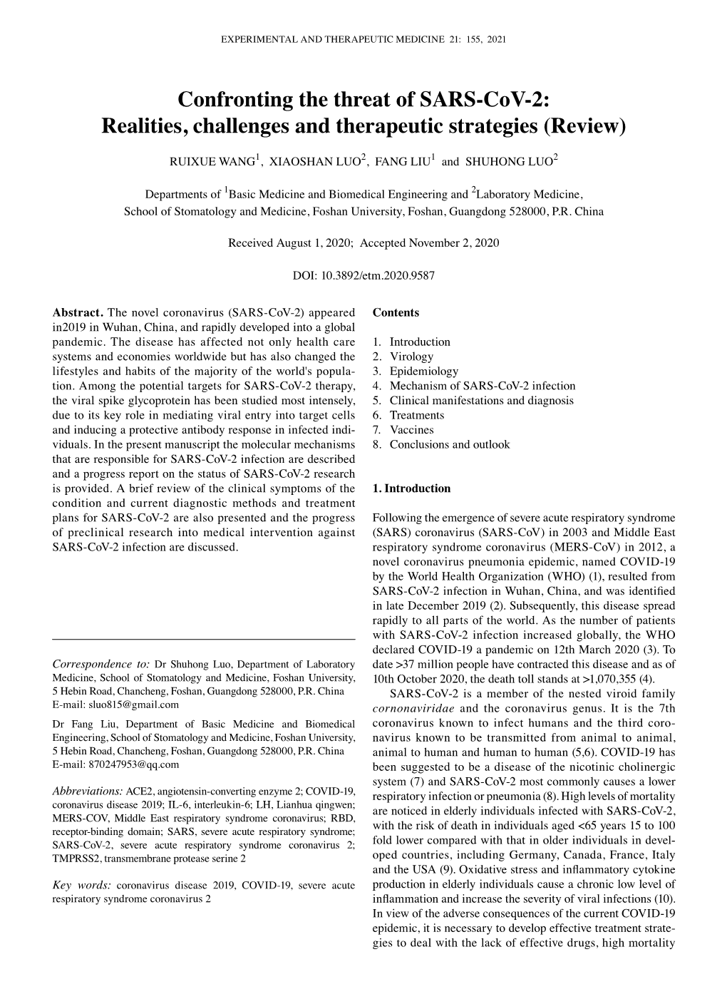 Confronting the Threat of SARS‑Cov‑2: Realities, Challenges and Therapeutic Strategies (Review)