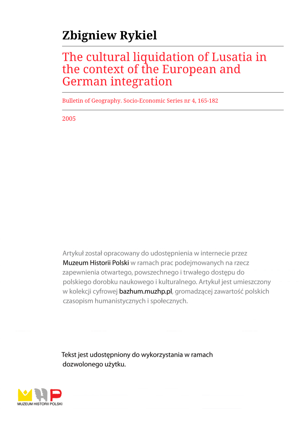 Zbigniew Rykiel the Cultural Liquidation of Lusatia in the Context of the European and German Integration