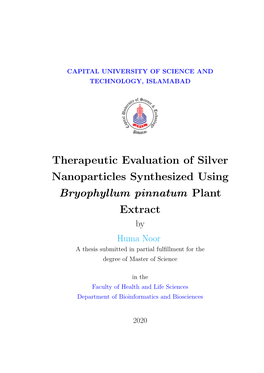 Therapeutic Evaluation of Silver Nanoparticles Synthesized Using