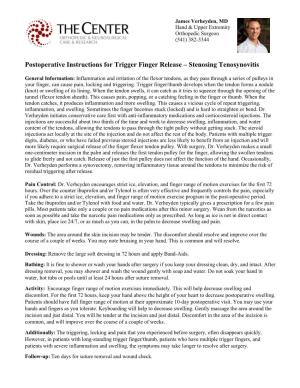 Postoperative Instructions for Trigger Finger Release – Stenosing Tenosynovitis
