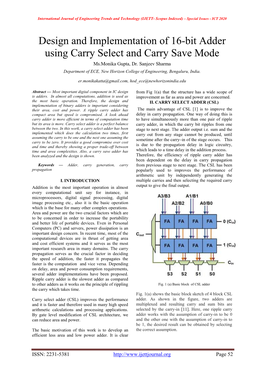 Design and Implementation of 16-Bit Adder Using Carry Select and Carry Save Mode Ms.Monika Gupta, Dr