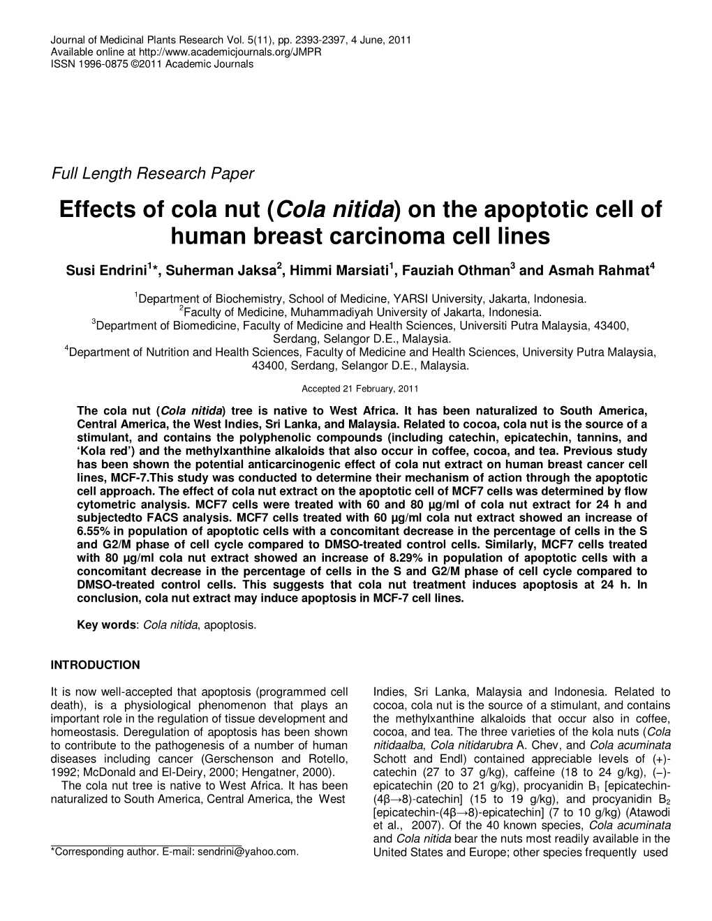 Cola Nitida ) on the Apoptotic Cell of Human Breast Carcinoma Cell Lines