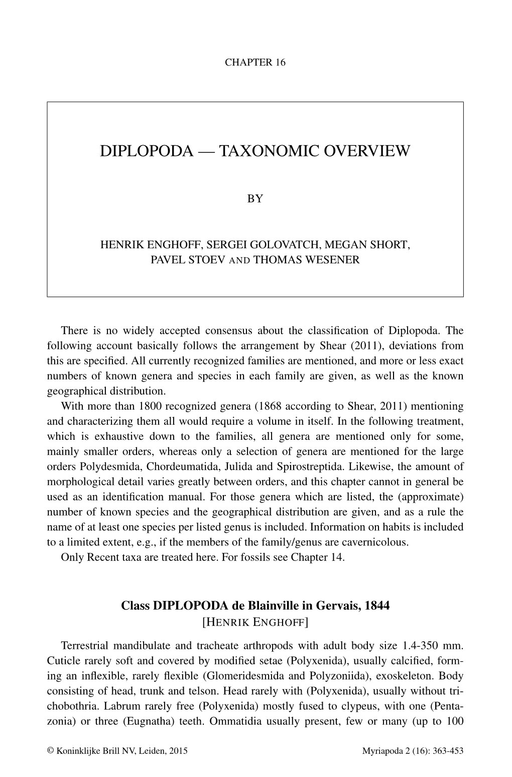 Diplopoda — Taxonomic Overview