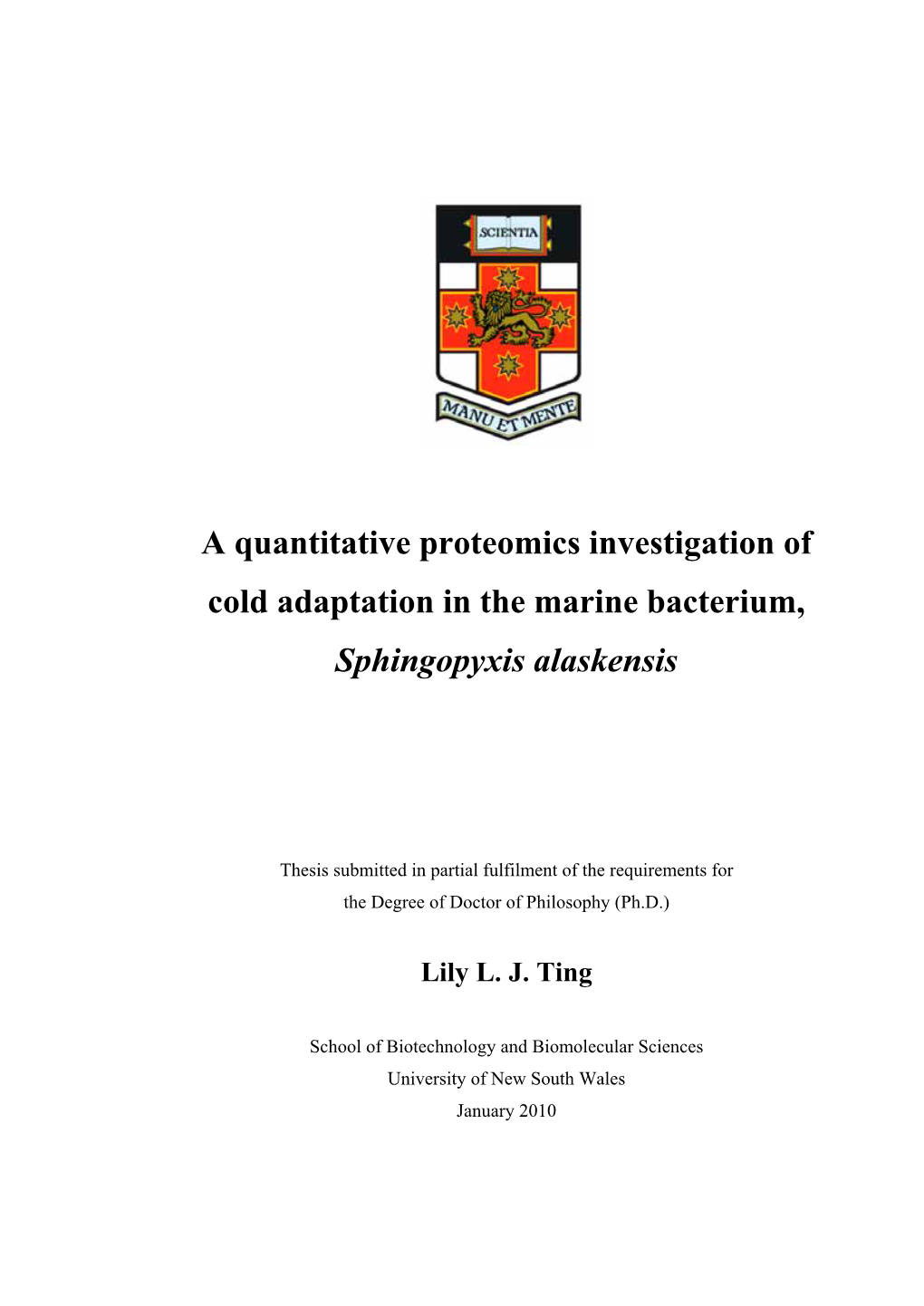 A Quantitative Proteomics Investigation of Cold Adaptation in the Marine Bacterium, Sphingopyxis Alaskensis