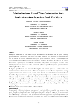Water Quality of Abeokuta, Ogun State, South West Nigeria