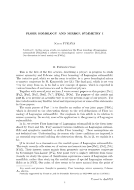 FLOER HOMOLOGY and MIRROR SYMMETRY I Kenji FUKAYA 0