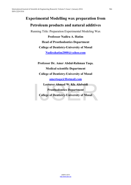 Experimental Modelling Wax Preparation from Petroleum Products and Natural Additives Running Title: Preparation Experimental Modeling Wax Professor Nadira A