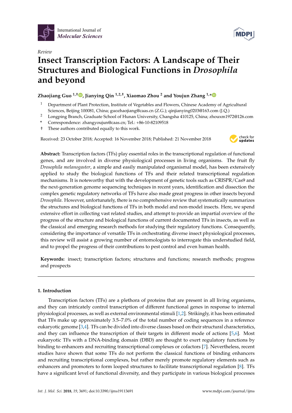 Insect Transcription Factors: a Landscape of Their Structures and Biological Functions in Drosophila and Beyond