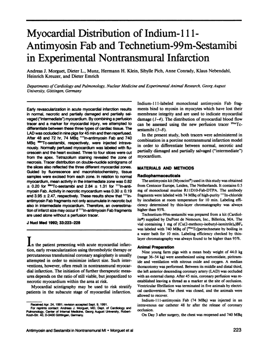 Myocardial Distribution of Indium-111- Antimyosin Fab and Technetium-99M-Sestamibi in Experimental Nontransmural Infarction