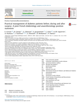 Practical Management of Diabetes Patients Before, During and After Surgery: a Joint French Diabetology and Anaesthesiology Position Statement