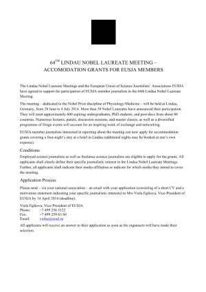 64Th Lindau Nobel Laureate Meeting – Accomodation Grants for Eusja Members