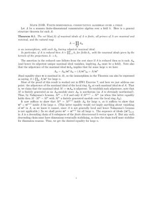 Math 210B. Finite-Dimensional Commutative Algebras Over a Field Let a Be a Nonzero ﬁnite-Dimensional Commutative Algebra Over a ﬁeld K