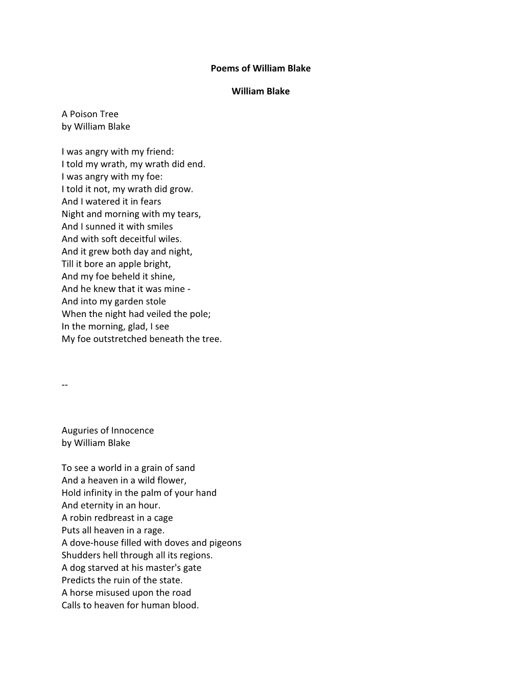 Poems of William Blake William Blake a Poison Tree by William Blake I