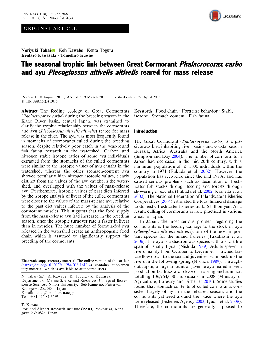 The Seasonal Trophic Link Between Great Cormorant Phalacrocorax Carbo and Ayu Plecoglossus Altivelis Altivelis Reared for Mass Release