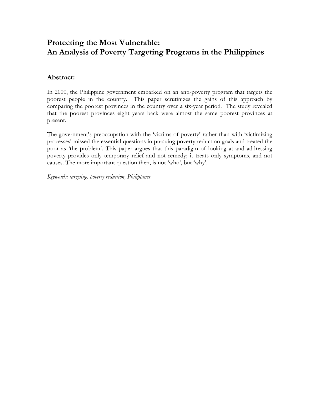 An Analysis of Poverty Targeting Programs in the Philippines