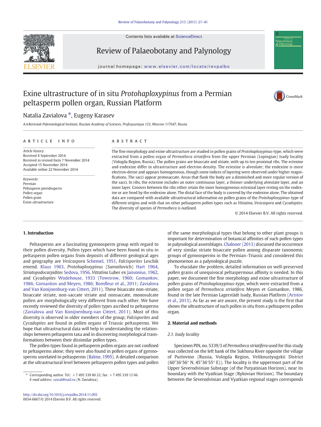 Exine Ultrastructure of in Situ Protohaploxypinus from a Permian Peltasperm Pollen Organ, Russian Platform