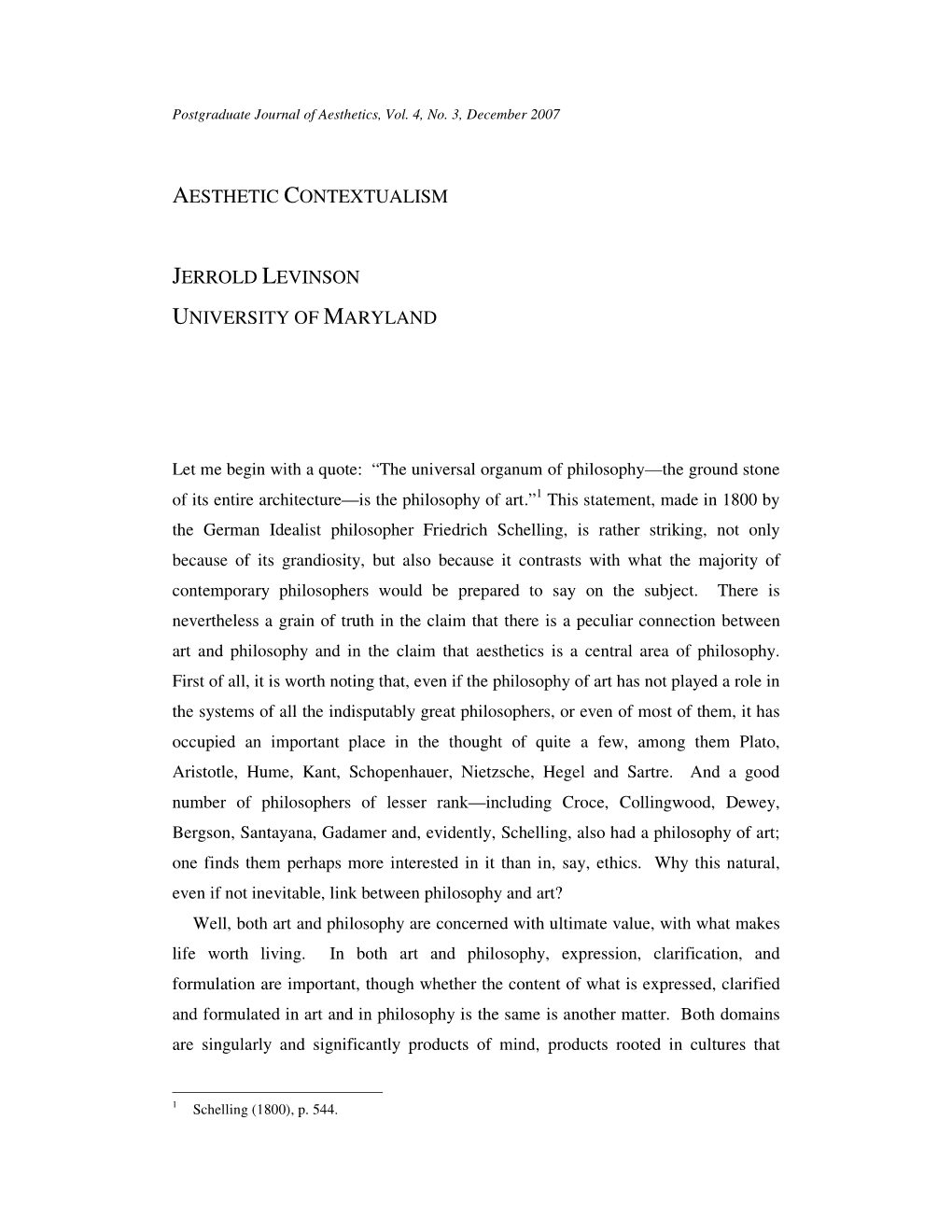 Aesthetic Contextualism Jerrold Levinson University of Maryland