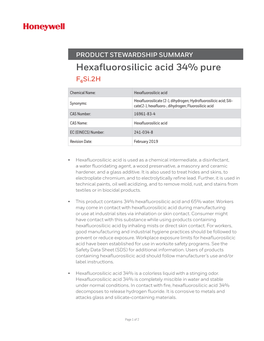Hexafluorosilicic Acid 34% Pure F6si.2H